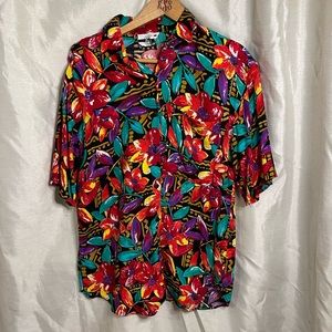 VTG 90’s Bright Black Colorful Hawaiian Print Button Down Casual Blouse Top